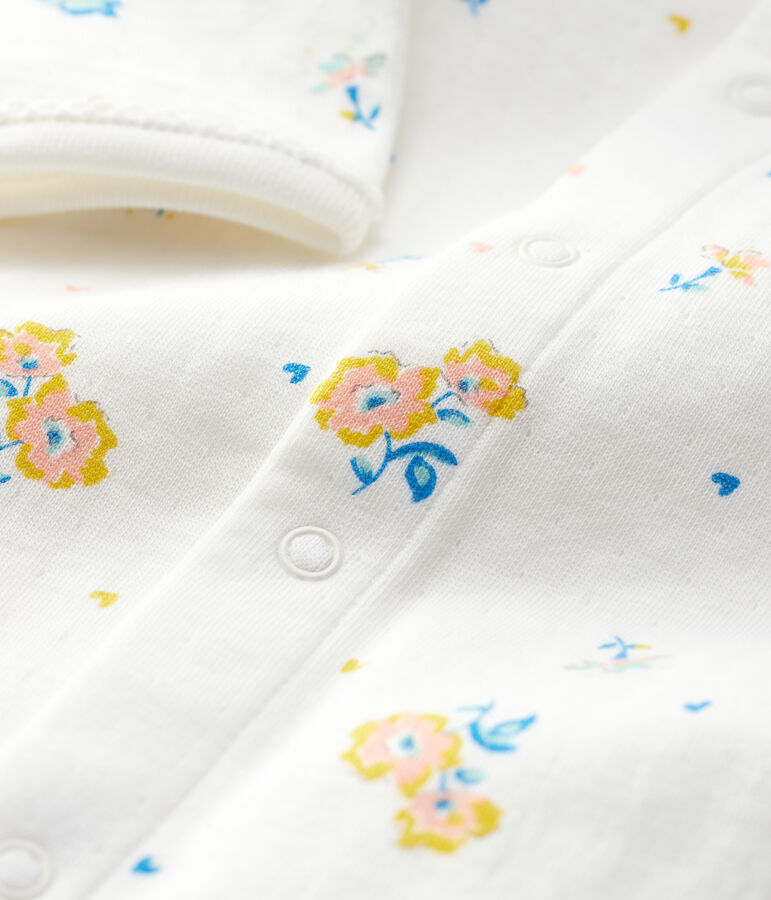 Tutina pigiama in ciniglia di cotone biologico con collo stampato a fiori. bianco MARSHMALLOW/bianco MULTICO